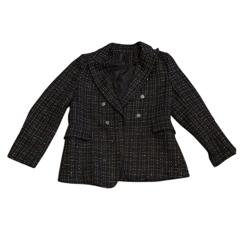 Mina Self Black & Gold Tweed Plaid Double-Breasted Blazer Size Large EUC - Picture 5 of 6